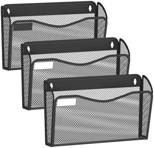 BOHDK Wall File Organizer, 3 Single Pockets Mesh Hanging File Organizer, Mount Document Magazine Rack with Labels, Hanging File Folders for Office, Home and School, Black