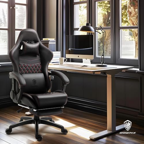 Dowinx Gaming/Office PC Chair with Massage Lumbar Support, Vintage Style PU Leather High Back Adjustable Swivel Task Chair with Footrest (Black and Red)