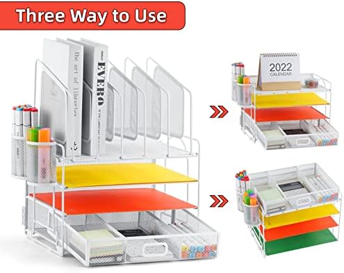 Marbrasse Desk Organizers, 4-Tier Mesh Desk File Organizer with 5 Vertical File Holders and 2 Pen Holders, Multifunction Desktop Organizer,Desk Organizers and Accessories for Home Office (White)