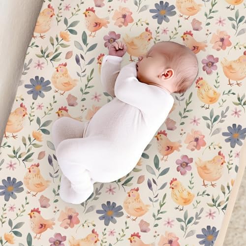 Cartoon Farm Animals Chicken Flowers Floral Leaves Baby Changing Pad Cover,Unisex Farm Nursery Diaper Changing Table Pad Mat Sheet for Boys Girls-16x32
