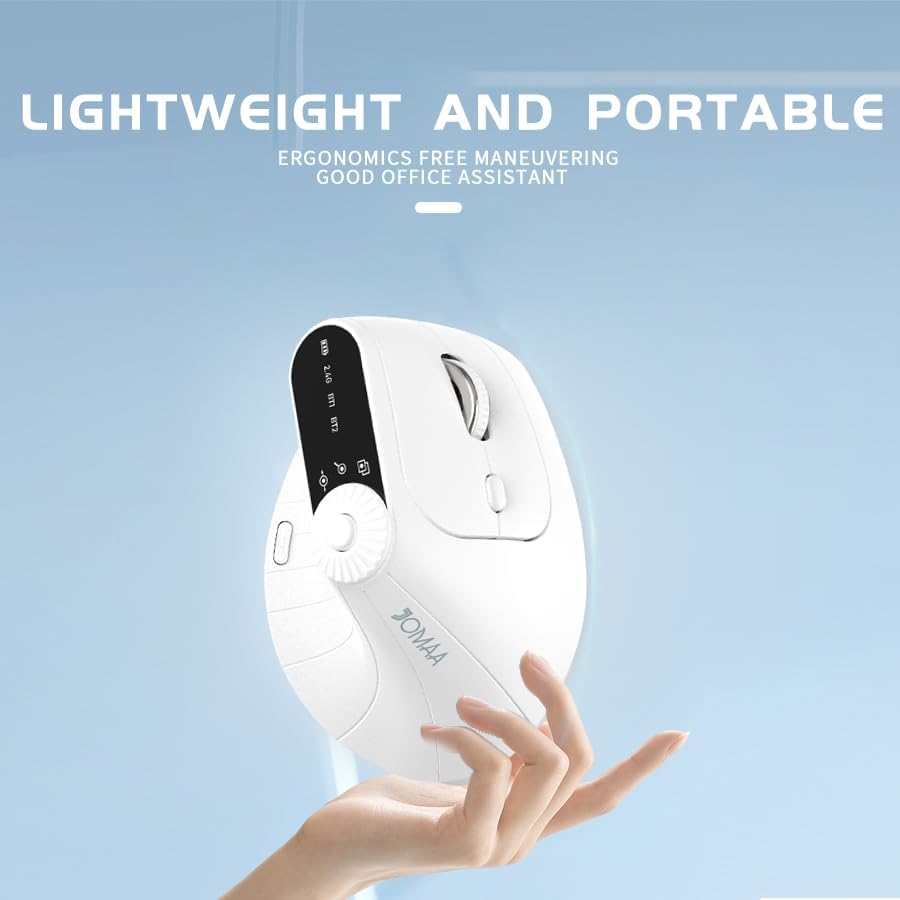 JOMAA Wireless 2.4G & Dual Bluetooth Three-Channel Ergonomic Vertical Mouse Adjustable DPI, Multi-Function Turntable for PC, Laptop, MacBook, Rechargeable (White)
