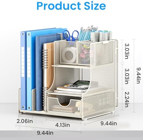 Lavatino Desk Organizer – 4-in-1 White Mesh Office Supplies Organizer with Pen Holder, File Holder, Desktop Tray, and Drawer for Home, Office, Classroom