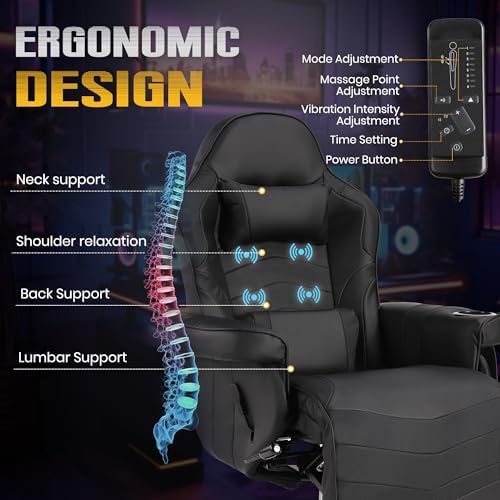 Massage Gaming Recliner Chair with Cup Holder & Side Pockets – Ergonomic PU Leather Video Gaming Chair with Footrest, Manual Recline, Headrest & Lumbar Support for Office or Game Room (Black)