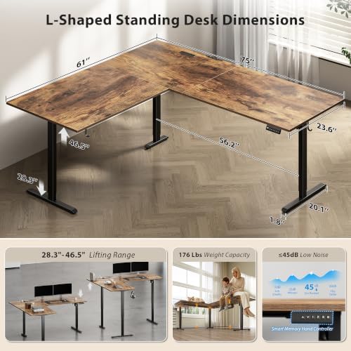 Agilestic 75x61 Inch L Shaped Electric Standing Desk, Corner Workstation, Rustic Brown