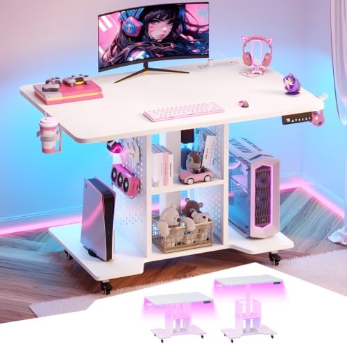 SEDETA Small Standing Gaming Desk, 31.5" Rolling Computer PC Desk Electric Height Adjustable with Power Outlet, Pegboard & Storage Shelves, RGB LED Light, for Small Spaces/Bedroom/Gaming, White