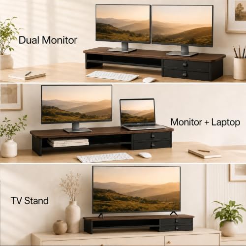 Dual Monitor Stand, 42.5 Inch Wood Monitor Riser with Drawers, 2 Tier Desktop Organizer for Computer Laptop TV, Large Screen Stand for Home Office Desk