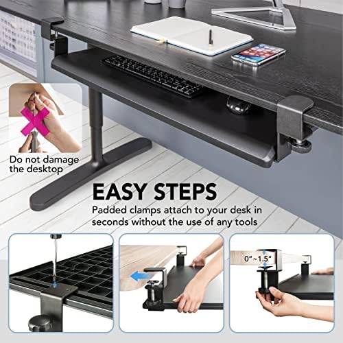 EHO Under Desk Keyboard Tray, Large 27.5" x 12.2" Slide-Out Clamp-On Drawer with Steel C-Clamps, Ergonomic Platform Fits Full-Size Keyboard and Mouse, Tool-Free Installation, TAA-Compliant