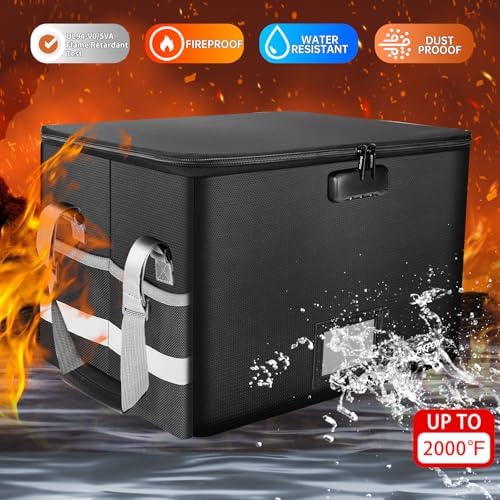 ENGPOW File Box with Lock, Fireproof Document Box with Pockets, Collapsible File Organizer Filing Storage Cabinet with Handle, Portable Home Office Safe for Hanging Letter/Legal Folders,Black,2 Pack
