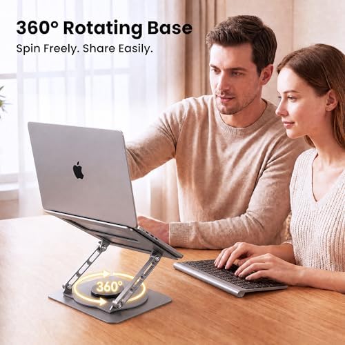 Aluminum Laptop Stand for Desk, Heavy Duty Computer Stand with 360° Rotating Base, Ergonomic Adjustable Height Notebook Riser, Compatible with MacBook Pro/Air, Dell, HP, 10-17” Laptops - Grey