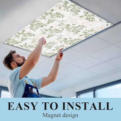 Sage Green Leaves Magnetic Fluorescent Light Covers for Ceiling Lights 2 x 4 Feet,Flower Herbs Floral Spring Summer Office Classroom Kitchen Drop Ceiling Light Covers Lighting Filters Shade 2 Packs