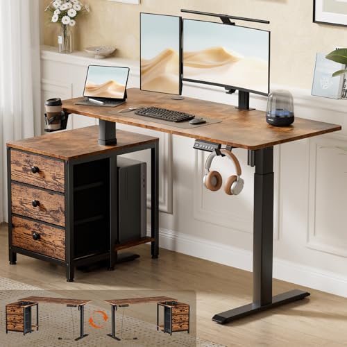 REAHOME 47 Inch Rustic Brown Height Adjustable Standing Desk with Drawers