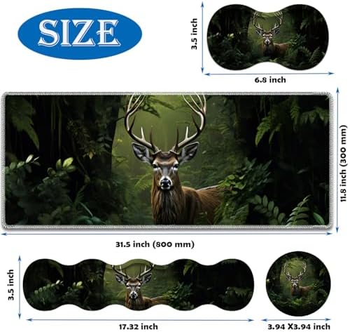 4 in 1 Mouse Pad Combo, Large Gaming Mouse Pad + Keyboard Wrist Support + Mouse Wrist Rest + Coaster, Table Pad 31.5 "x 11.8" with Memory Foam Ergonomic Wrist Pad Set, Camouflage Forest Deer