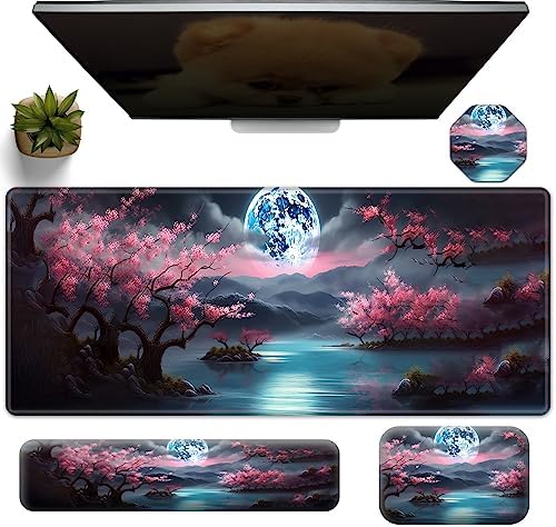 Large Gaming Mouse Pad+Memory Foam Ergonomic Keyboard Wrist Rest Support+Wrist Rest+Coaster, Extended Desk Pad Set, Stitched Edge Non Slip Desk Mat 4PC for Office & Home, Moon Cherry Blossom