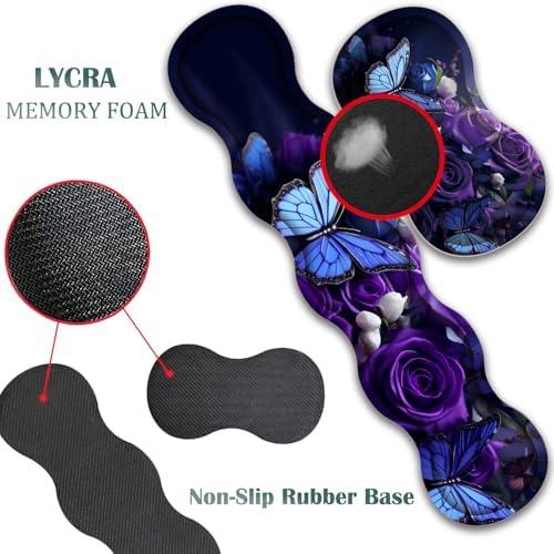 Mouse Pad Combo, Large Gaming Mouse Pad + Keyboard Wrist Support + Mouse Wrist Rest + Coaster, Table Pad 31.5 "x 11.8" with Memory Foam Ergonomic Wrist Pad Set, Purple Roses and Butterflies