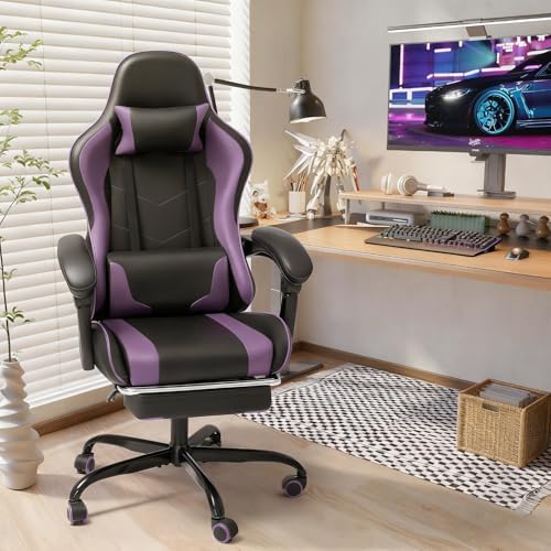 Shahoo Gaming Chair with Footrest and Massage Lumbar Support, Computer Chairs, Video Racing Seat Height Adjustable with 360°Swivel and Headrest for Office or Bedroom, Purple