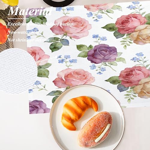 Shrahala Pink Plant Floral Set of 6 12 X 18 Inch Linen Placemats, Blue Abstract Roses Burlap Table Mat Washable Double Layered Heat Insulation for Indoor/Outdoor