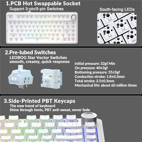 AULA F75 Pro Wireless Mechanical Keyboard with Knob,75% Hot Swappable Custom Gaming Keyboards,RGB Backlit,Pre-lubed Switches,Side Printed PBT Keycaps Creamy Sounding Computer Keyboard, Line White