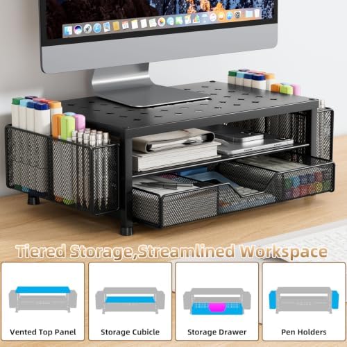 Monitor Stand Riser with Mesh Drawer and 2 Pen Holders, Black Star Vent Top