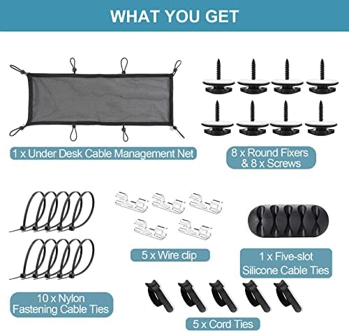 Under Desk Cable Management Net, 36PCS Under Table Cord Management Mesh Organizer Flexible Wire Hiders, Extra Large Capacity Wire Management Kit Under Desk, Fits Most Tables