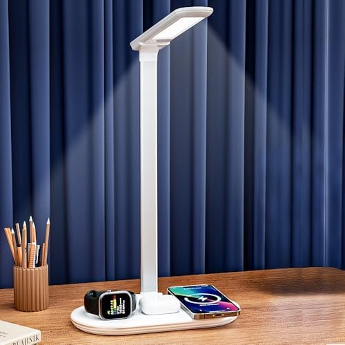 IHAO 3in1 Wireless Charging Eye-Care Desk Lamp 15W Fast Charging Station for Phone, Smartwatch & Earbuds, Touch Control Dimmable LED Light Adjustable Gooseneck, Modern Office Table Lamp-HYT2096 White