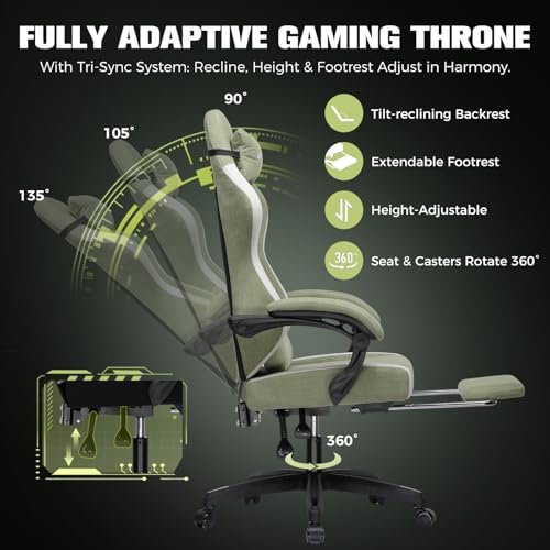 GTPLAYER Gaming Chair, Ergonomic Computer Chair with Footrest and Lumbar Support, High Back Recliner Chair 350lbs, Height Adjustable for Home Office, Green