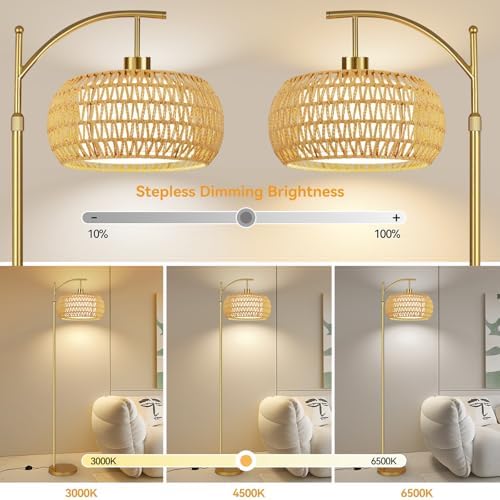 ZECOXOL Gold Floor Lamps for Living Room Rattan Boho Floor Lamp with Remote Control & 3 Color Temperature,Dimmable Arc Floor Lamps Brass Standing Lamp Tall Floor Lamp for Bedroom Living Room Corner