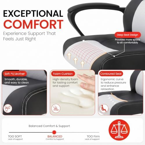 Gaming Chair Office Chair Desk Chair Massage Ergonomic PU Leather Racing Chair with Lumbar Support Headrest Armrest Task Rolling Swivel Computer Chair for Women Adults Girls(White)