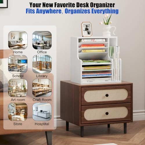 Wood Desktop File Holder Organizer Mail Sorter for File Folders, Mails, Envelopes or Magazines, 8 Compartments (White)