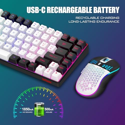 RedThunder K84 Wireless Keyboard and Mouse Combo, LED Rainbow Backlit Rechargeable Battery, 75% Layout TKL Ultra Compact Gaming Keyboard & Lightweight 3200 DPI Honeycomb Optical Mouse (White-Black)