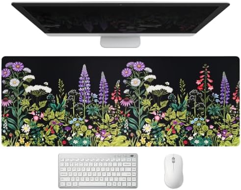 Extended Wildflower Meadow Desk Mat, XL Large Gaming Mouse Pad, Florals Weeds Stitched Edges Waterproof with Non-Slip Rubber Base for Computer Keyboard Laptop Work Home Office 31.5"x11.8"