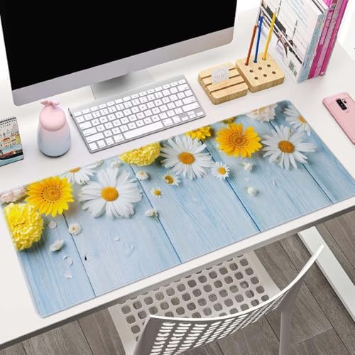 Desk Mat Flowers and Wood Large Keyboard Mouse Pad for Laptop PC Setup Desk Cover Protector Desk DéCor for Office Home Work Gaming 31.5" X 11.8" Stitched Edge Non-Slip Design