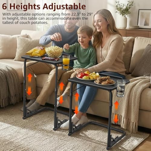 NUTIKAS Folding TV Tray Table - Adjustable Height Sofa Side Table, Wooden Portable Trays for Eating On Couch, Laptop Stand with Cup Holder, C Shaped Foldable Desk