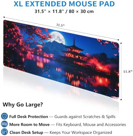 Extended Japanese Nightscape Desk Mat, XL Large Gaming Mouse Pad, Sakura Pagoda Moon Stitched Edges Waterproof with Non-Slip Rubber Base for Computer Keyboard Laptop Work Home Office 31.5"x11.8"