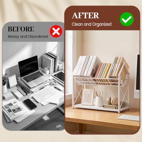 Desktop Bookshelf Organizer, 2 Tier Wood Desk Shelf for Tabletop Storage, Small Desktop Shelf for Office Home Dorm, Table Shelf Book Rack for Books/Supplies/Decor Display (White)