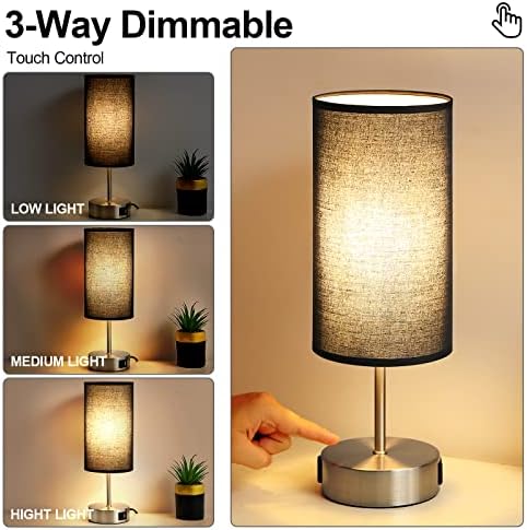 Yarra-Decor 【Upgraded Bedside Lamp with USB A+C Charging Ports & AC Outlet Touch Control Table Lamp for Bedroom 3 Way Dimmable Nightstand Lamp with Black Shade for Home,Office, Dorm(Bulb Included)