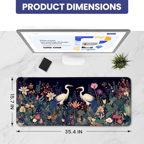 Aesthetic Desk Mat, Cute Midnight Cranes Desk Pad Protector for Work & Decor, 35.4" x 15.7", Pretty Non-Slip Extended Mouse Pad for Office or Home