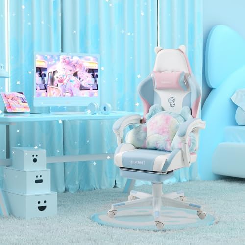 Gaming Chair, Cute Cat Gaming Chairs with Paw Lumbar Cushion for Girls, Video Gamer Chair with Footrest for Girl Teen Woman (BluePink-A)