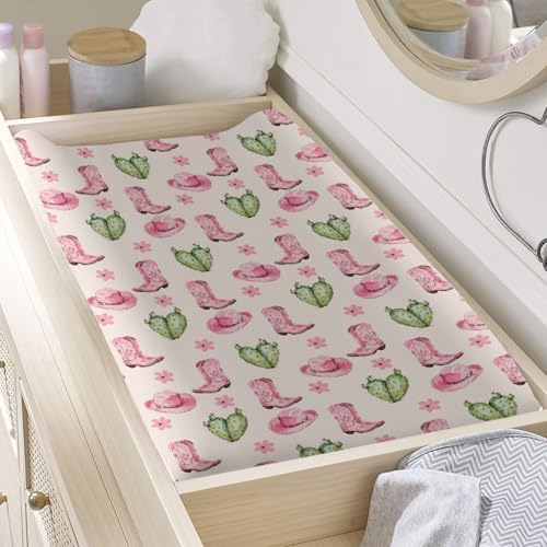 Western Cactus Flowers Floral Pattern Baby Changing Pad Cover, Unisex Western Nursery Diaper Changing Table Pad Mat Sheet for Boys Girls-16x32