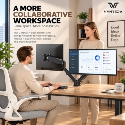 Dual Monitor Arm Stand – Adjustable Gas Spring Desk Mount for 2 Computer Screens, Full Motion Monitor Stand with Dual Clamp Base, Landscape & Portrait Rotation, Tilt & Swivel, Cable Management