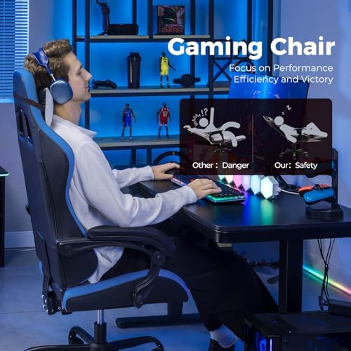 GTPLAYER Gaming Chair, Video Game Chairs Racing Style PC Game Chairs 350lbs for Adults - Padded High Back Ergonomic Reclining Silla Gamer, Linkage Armrest, Blue