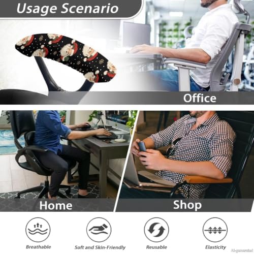 Santa Claus Snowflake Printed 2 Pcs Office Chair Armrest Covers, Soft Stretch Computer Chair Arm Rest Covers with Elastic Edge, Easy to Install & Clean, Christmas Decor