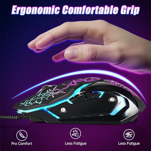 Wired Gaming Mouse,Ergonomic Optical Gaming Mice with 7 Color LED Backlight, 4 DPI Settings Up to 3600 DPI Computer Wired USB Mouse for Laptop/mac, 6 Buttons, Black