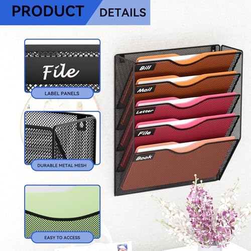 5 Pockets Hanging Wall File Organizer Mail Holder, Wall Mounted Paper Document Folder Holder, Clipboard Storage Organization Magazine Rack, Black