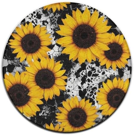 Highly Premium Quality Floor Mat, Office Chair Decor Mat, Room Sofa Yoga Soft Round Carpet 80s Vintage Cow Print Sunflowers, 60inch