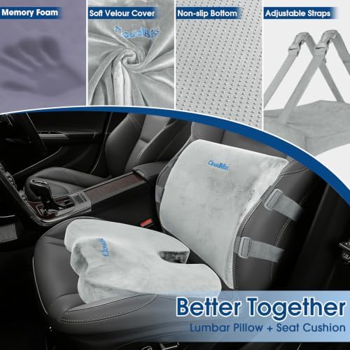 CloudBliss Lumbar Support Pillow & Seat Cushion Set for Office Chair,Desk Chair,Wheelchair & Car–Memory Foam Back Support, Ergonomic Chair Cushions, Sciatica Pain Relief,Home Essentials(Light Grey,XL)