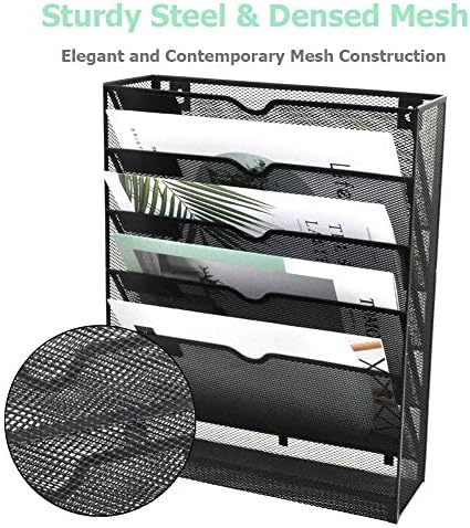 EASEPRES Desk File Organizer Mesh 6-Tier, Hanging Wall Mount Document Organization Stand, Desktop Vertical Mail Paper Folder Holder Rack with Bottom Tray for Office Home Cubicle, Sides Closed, Black