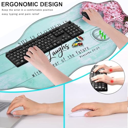 Mouse Pad with Wrist Support + Desk Mat + Coaster 3 in 1 Set, XXL Large Gaming Mousepad Ergonomic Mouse Pads for Desk Computer Laptop Office,Pink Hyacinth Bible Verse Proverbs 31-25