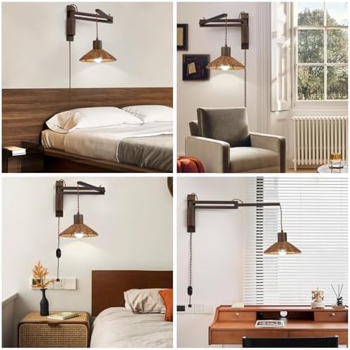 maesta Plug in Wall Lamp, Wood Swing Arm Wall Sconce for Bedroom