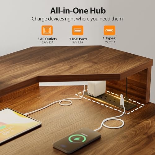 Agilestic 63*35 Inch L Shaped Standing Desk with Shelf & Led&Outlet, Walnut