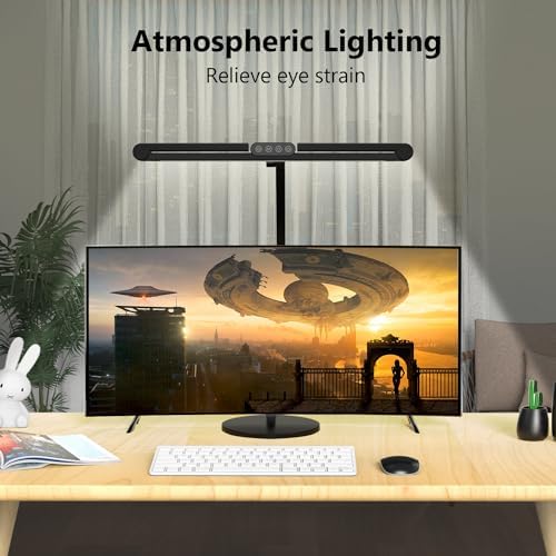 Micomlan Architect Desk Lamp with Atmosphere Lighting, Adjustable Led Desk Light for Home Office with Base, 24W Bright Auto Dimming Table Light with Rotatable Swing Arm for Workbench Computer
